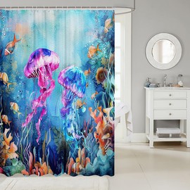 Feelyou Jellyfish Bath Curtain Ocean Jellyfish Shower Curtain Kids Toddler Boys Girls Sea Animal Bathroom Shower Curtain Set Coastal Beach Kids Bathroom Accessories 72"x78"