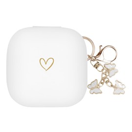 AIIEKZ Compatible with Powerbeats Pro, Soft Silicone Case with Gold Heart Pattern for Powerbeats Pro Case with Cute Butterfly Keychain for Girls Women (White)