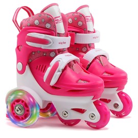 Quad Roller Skates for Kids Girls with Adjustable Size (Age 3-9), Double Brakes, Luminous Wheels, 3-Point Balance, Include Knee Pads Elbow Pads Wrist Guards