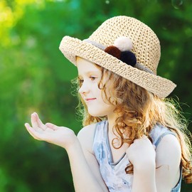 HONGXIN-SHOP Straw Hats, Breathable Sun Hats, Beach Cap, Children, Girls, Straw Hat, Summer Travel Protection Cap with Hair Ball for Holiday, Travel, Outdoor Activities, Beige/Khaki, beige