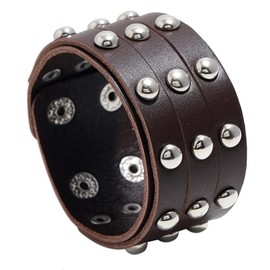 WODOUKEI Men's Genuine Leather Cuff Punk Metal Rock Bracelets for Men Women, Metal Emo Beads Bracelets Wristbands Adjustable Wrap Brown