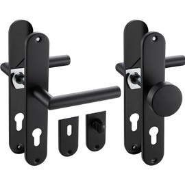 Stahlia Emilia Long Plate Handle Set Brushed Stainless Steel Black Matt | PZ – Professional Cylinder | Door Fitting for Interior Doors, Entrance Doors for Door Thickness 20–47 mm | Mounting Material