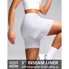Soothfeel - Pantalones cortos deportivos para correr 2 en 1 para mujer con bolsillo con cierre de 5 pulgadas, cintura alta para gimnasio, entrenamiento, tenis para mujer, Blanco, Small