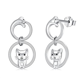 Cat Earrings for Women 925 Sterling Silver Animal Kitty Hypoallergenic Stud Earrings Cat Jewellery for Girls Ladies Cat Lovers, Sterling Silver, No Gemstone