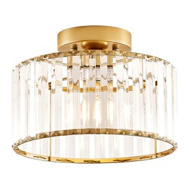 VIOLOEMI Modern Gold Semi Flush Mount Ceiling Light Crystal Hallway Light Fixture Metal Close to Ceiling Lamp for Kitchen Living Room Bathroom Entryway Bedroom