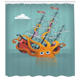 Ambesonne Kraken Cortina de Baño, Monstruo de Dibujos Animados de la Nave, Paño Conjunto de Decoración de Baño de Tela y Ganchos, 75" Alto, Naranja Teal