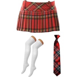 FNA FASHIONS Ladies School Girl Red Tartan Skirt OTK Socks Tie World Book Day Fancy Dress (UK 14)