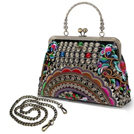 Abuyall Small Top Handle Evening Purse Bag Vintage Kiss Lock Lace Purses And Handbags For Women 3d Flower Purse Embroidery-pink, Embroidery-pink, Small