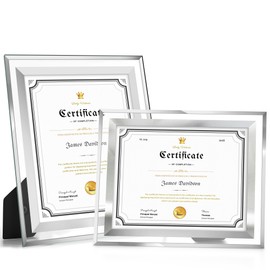 Fisnish 8.5x11 Certificate Frame, Glass Frames 8.5 by 11 for Tabletop, Clear Mirror Photo Frames, Silver, 2 Pack