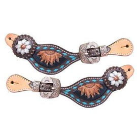 Showman Ladies Sunflower Tooled Spur Straps w/Turquoise Buckstitch Trim! New Horse TACK!