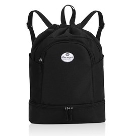 HUA ANGEL Lightweight Drawstring Backpack with Shoe Compartment, Waterproof for Sports Gym Travel Swimming Basketball Soccer, Black, Sporty