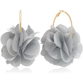 NONQL Bohemian Aesthetic Fabric Flower Lightweight Hoop Earrings Handmade Summer Vacation Dangle Drop Earrings For Women (Grey)