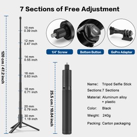 Wiseten Selfie Stick Tripod for GoPro Insta360, 120 cm Monopod Extendable Selfie Stick Tripod Accessory for GoPro Hero 13/12/11/10/9/8 Black Insta360 X5 X4 X3 One X2/RS DJI Osmo Pocket 3/4