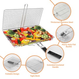 Barbecue BBQ Grill Basket with Handle Stainless Steel Grilling Basket Outdoor Camping BBQ Rack for Fish, Shrimp, Vegetables