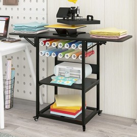 PUNCIA 3 Tier Movable Heat Press Table with Vinyl Roll Holder, Heat Transfer Stand with Folding Shelf,Heavy Duty Rolling Workbench for DIY Sublimation Transfer Machine,Heat Press Cart,Craft Table