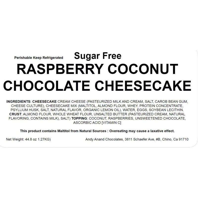 Andy Anand Sugar Free Raspberry Coconut Chocolate Cheesecake 9" with