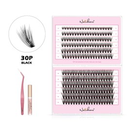 NATUHANA DIY Eyelash Extension Kit, 30P Volume Lash Cluster, 8-15 mm Mixed Tray, 0.07 mm, DIY Eyelash Extension, 240 Pieces Eyelash Cluster Kit with Eyelashes, Tweezers & Glue (30p-Black 8-15 Mix)
