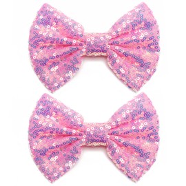 KISZU 4 Inch Sequin Glitter Hair Bows Clips, Sparkling Bling Little Bow HairPins Hair Accessories for Baby Girls Kids Children Teens and Women (Pink)