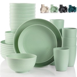 Gudvilla Camping Plates Cups and Bowls Set Green Reusable Microwave Safe Lightweight Unbreakable Plastic Dishes Set for Kids Elderly Kitchen Adults Outdoor,32 Pcs Wheat Straw Dinnerware Sets for 8