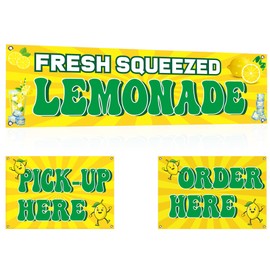 3 Pcs Fresh Squeezed Lemonade Banner with Order Here Pick Up Here Signs Lemonade Stand Hanging Sign Supplies Lemon Flag for Indoor Outdoor Business Restaurant Store Advertising Display Decorations