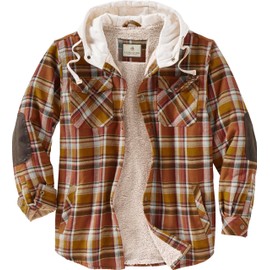 Legendary Whitetails Men's Camp Night Berber Lined Hooded Flannel Shirt Jacket, Arrowood Barnwood Plaid, Large