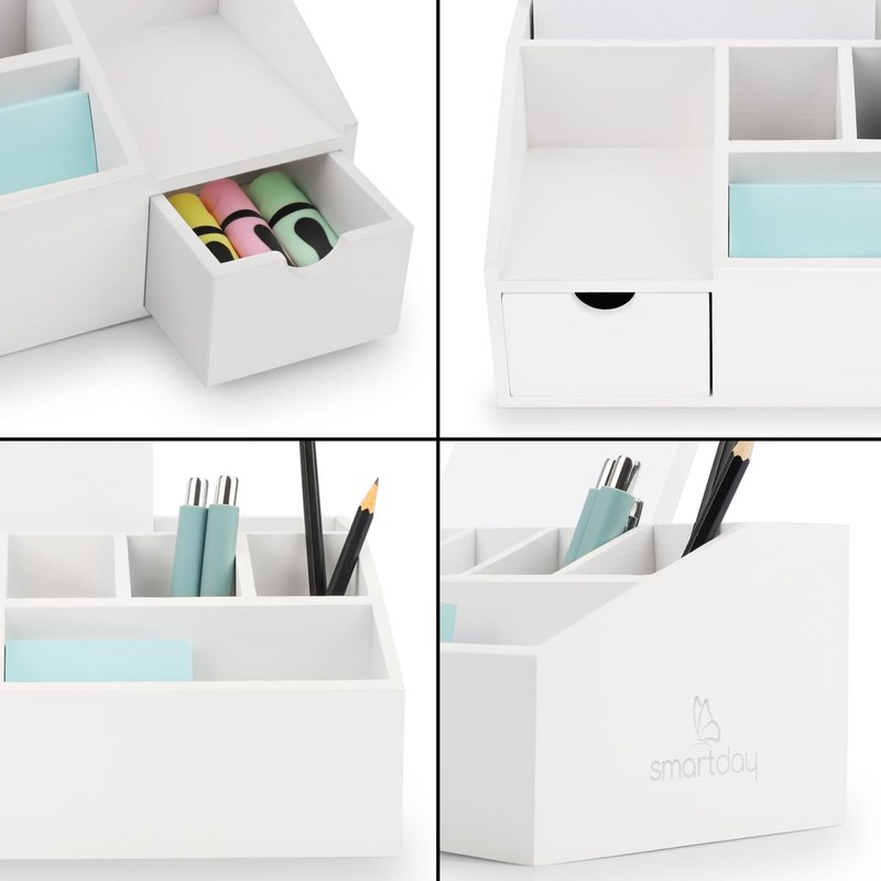 smartday Wooden Desk Organiser White with Drawer - Pen Box,