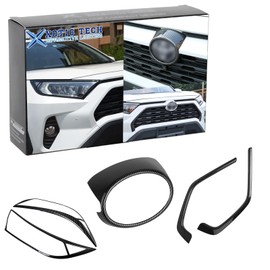 x xotic tech Set Carbon Fiber Style Exterior Front Grille Stripe Logo Ring Headlight Eyelid Accessories Cover Trim Combo Kit, Compatible with Toyota Rav4 2019 2020 2021 2022 2023 2024 2025