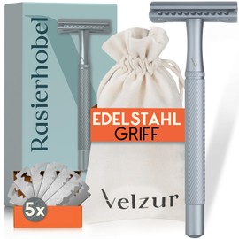 VELZUR® Safety Razor with 5 Blades and Travel Bag - Protected Handle Design Made of Stainless Steel Extra Long and Rustproof - Safety Razor Set Unisex - 100% Plastic-Free - Premium Safety Razor in