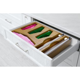 Cozee Bay Bamboo Food Bag Organizer with Foil and Plastic Wrap Organizer, Kitchen Drawer Organizer, Wrap Dispenser with Cutter, for Gallon, Quart, Sandwich, Snack Bags and 12" Roll (Vintage Brown)