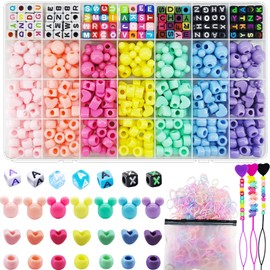 JJzxwish 1605 Pcs Hair Beads for Braids for Girls with Elastic Rubber Band Threaders Kit, Candy Color Acrylic Mickey Heart Star Alphabet Cube Beads Pastel Pony Beads Cube Kandi Beads for Hair Jewelry Making