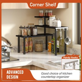 GHWIE Corner Shelf Organizer, 3 Tier Bamboo Kitchen Countertop Rack for Living Room, Office, Bookshelf Display Shelves, Space Saving Storage Shelves,Black