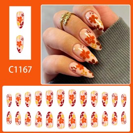 Fall Press on Nails Medium Almond Fake Nails Autumn Flowers Stick on Nails Glossy Shiny Artificial Nail Full Cover Acrylic Nail Reusable Nail Kit for Women Girls 24Pcs