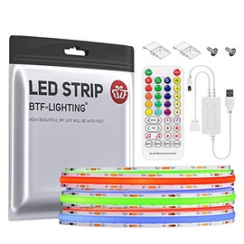 BTF-LIGHTING BTF-LIGHTING FCOB RGB USB LED Strip Kit 2M 576LEDs/m COB FOB RGB DC5V IP30 Non-Waterproof LED Strip with SP613E-USB Controller and 2pc mounting clips and screws for DIY home decoration