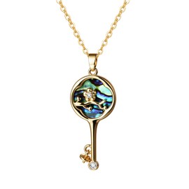 Flongo Key Flower Necklace for Women: Gold Plated Pendant with Zirconia Crystals - Colourful Abalone Shell Jewellery with Stainless Steel Chain - Gift for Mum Girlfriend Daughter