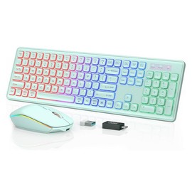 Wireless Keyboard & Mouse Combo, RGB Backlit USB Rechargeable Ergonomic Quiet Click Keyboard with Mouse, Silent Mouse Set for PC MAC Laptop Office - Color: Green, Specification: 1 Set