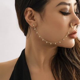 Punk Nose to Ear Chain Non Piercing Fake Septum Rings Layered Pearl Beaded Chain Stud Earrings Indian Belly Dance Nose Nail Ring Hoops for Women (Pearl)