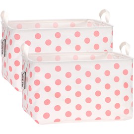 Sea Team 2-Pack Collapsible Canvas Fabric Storage Basket with Handles, Rectangle Waterproof Storage Bin, Box, Cube, Foldable Shelf Basket, Closet Organizer, 16.5 x 11.8 x 9.8 Inches, Pink Dot