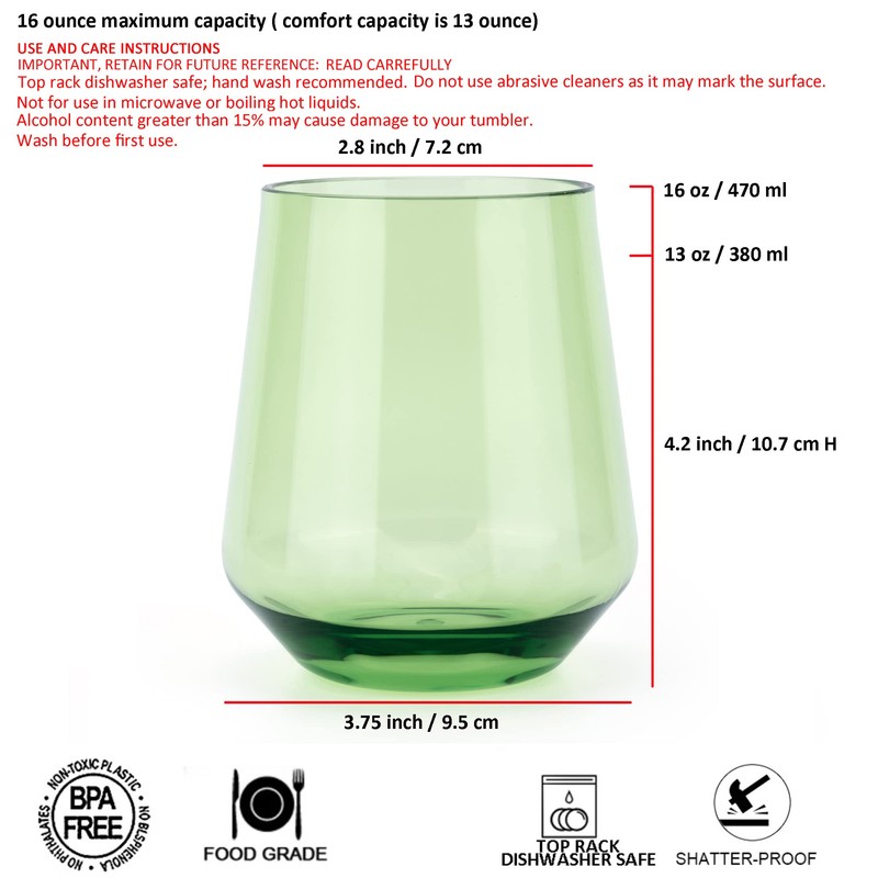 KX-WARE 16-ounce Acrylic Unbreakable Stemless Wine Glasses, set of 6