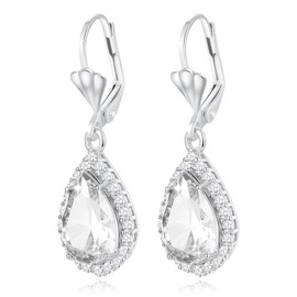 Teardrop Crystal Leverback Dangle Earrings for Women Silver/Gold Plated Rhinestone Birthstone Hypoallergenic & Nickel Free Jewelry Diamond