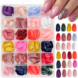 576 Pcs Short Coffin Press on Nails Solid Color Fake Nails Full Cover False Nails Glossy & Matte Acrylic Glue on Nails Reusable Artificial Nails Stick on Nails for Women Manicure 24 Color