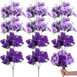 XunYee 12 Bundles Artificial Pansies for Outdoors Thanksgiving Fall Faux Silk Outdoor Flowers UV Resistant Outdoor Fake Pansies for Planter Pot Floral Home Decor Indoor Garden Porch Patio(Purple)
