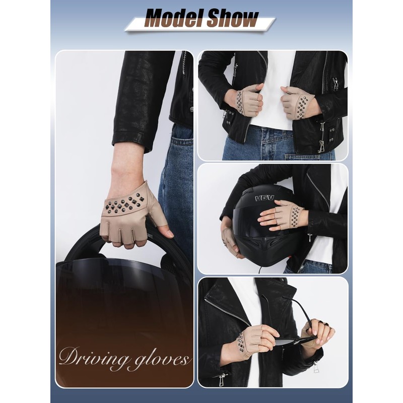 FIORETTO Women's Fingerless Leather Gloves for Driving, Motorcycle, Goth, Cosplay