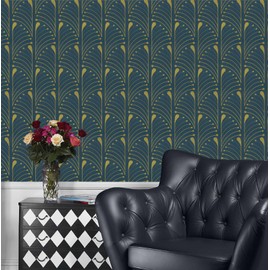 Peel and Stick Wallpaper Gold and Blue Wallpaper Geometric Contact Paper Removable Self Adhesive Wall Paper for Waterproof for Bathroom/Bedroom/Cabinet/shelf Walls Home Decoration Vinyl 17.3''x118.1''