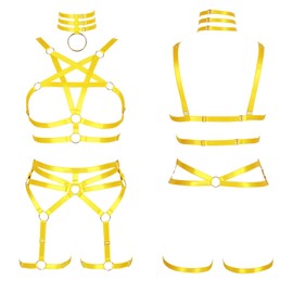 BBOHSS Women's Body Harness Pentagram Bra Set Punk Garter Leg Waist Dance Elastic Gothic Carnival Accessories, orange yellow