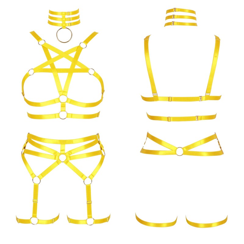 BBOHSS Women's Body Harness Pentagram Bra Set Punk Garter Leg