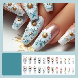 Spring Press on Nails Long Square Fake Nails White Daisy False Nails Full Cover Spring Summer Acrylic Nails Glue on Nails with Cute Floral Designs Stick on Nails for Women Nail Decoration 24 Pcs