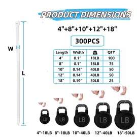 Aroono Cable Zip Ties, 300 PCS White Self-Locking Cable Ties, Assorted Sizes 18+12+10+8+4 Inch, Multi-Purpose Wire Management Nylon Ties, UV Resistant Wire Ties, for Home, Office, Gardening, Fence