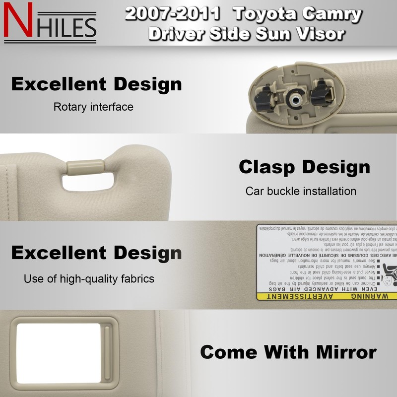 NHILES Left Driver Side Sun Visor Compatible with Toyota Camry