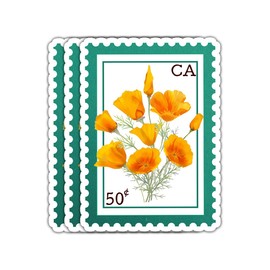 (3 Psc) California Poppy Floral Stamp Sticker - State Flower Decal - Post Stamp - Postage - Cute Flower Sticker- Decal 3 Inch for Laptop Water Bottles