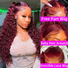 ANDRIA 13x4 HD Lace Front Wigs 28 Inch Burgundy Curly Lace Front Wig with Baby Hair Pre-Plucked Glueless Lace Frontal Wigs Synthetic Hair 200% Density Deep Wave Red Color Long Deep Curly Wigs
